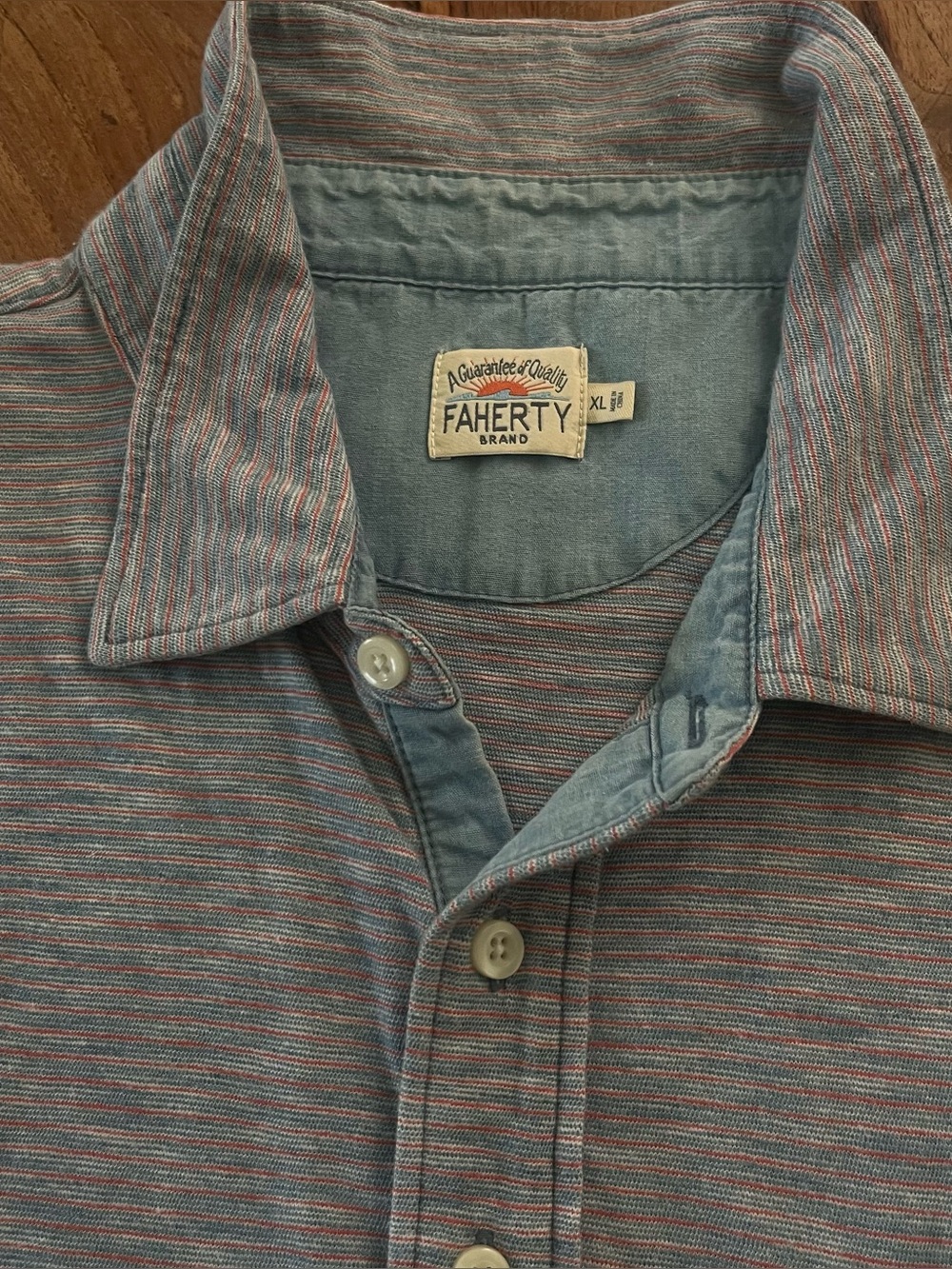 FAHERTY S/S Polo Shirt XL Indigo Dyed Multicolor MicroStripe Blue Red 3 button